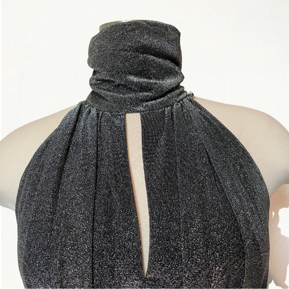 Vintage 1970s Silver Metallic Studio 54 Keyhole Jewel Belted Halter Maxi Dress - Picture 3 of 15